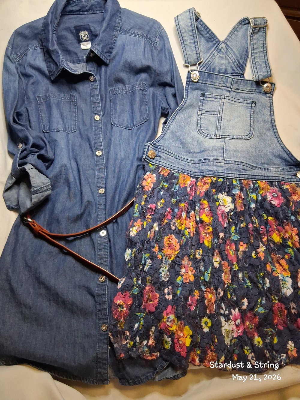 Route 66 Denim Dress And Jordache Overall Floral Skirt Set Girls Large 10-12